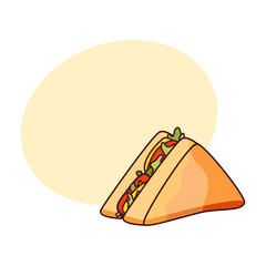 Vector sandwich with vegetables. Fast food flat cartoon isolated illustration on a white background with speech bubble