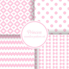 Little princess girl. Romantic pink theme with hearts and other shapes. Seamless vector pattern background set.