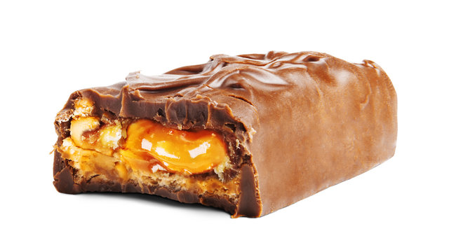 Closeup of chocolate,peanut and caramel bar isolated with clipping path