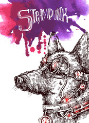 Obraz premium Hand drawn vector sketch of dog. Steampunk style illustration.