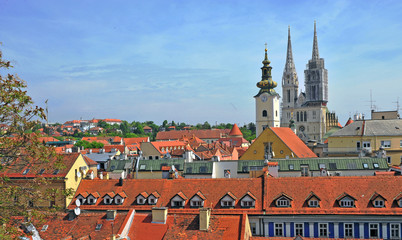 Fototapeta premium Zagreb roofs and cathedral, capital of Croatia