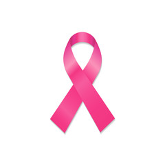 Realistic pink ribbon, breast cancer awareness symbol isolated on white background. Vector illustration.