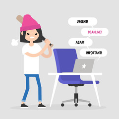 Mad office worker conceptual illustration. Young female character hitting a laptop with a baseball bat. Flat editable vector illustration, clip art