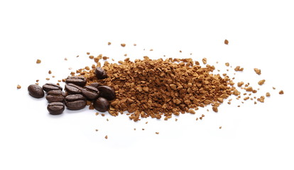 Pile of instant coffee grains and beans isolated on white background