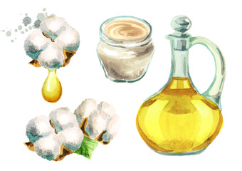 Cotton plant, cottonseeds oil, Cream with cotton extracts. Watercolor hand-drawn illustrations set