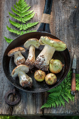 Fresh boletus and onion on the pan