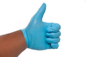 hand in blue glove Giving Thumbs Up Sign