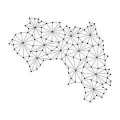 Guinea map of polygonal mosaic lines network, rays and dots vector illustration.