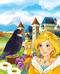 Obraz na płótnie Canvas Cartoon fairy tale scene with a young princess on the meadow near the castle smiling and looking at cuckoo and prince - illustration for children