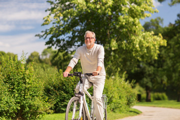Naklejka premium happy senior man riding bicycle at summer park