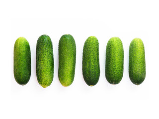 Six green cucumbers with pimples isolated on white background. Row of green ground cucumbers. Vegetables, top view