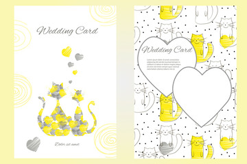 Two-sided wedding invitation template or greeting card with funny loving cats.