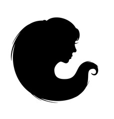 Woman head silhouette with long hear. Vector Isolated woman half face. Beauty image of girl portrait in circle