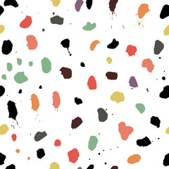 Seamless handdrawn pattern with paint spots on white background. Abstract brush stains