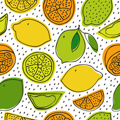 Seamless tropical pattern with lemons, lime, oranges. Vector fruits background, decorative nature texture