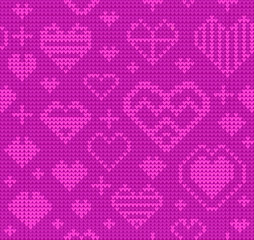 Template with stylized knite texture. Vector cartoon for embroidery, knitting. Decorative rose seamless background, lovely pattern with hearts
