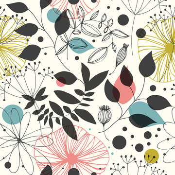 Beautiful fantasy seamless pattern. Decorative vector background with flowers and leaves. Abstract graphic texture