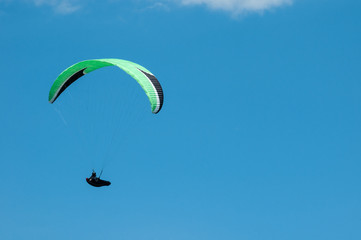 The paraglider flies in the sky on a sunny summer day.