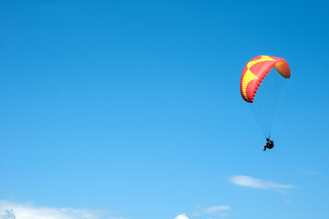 The paraglider flies in the sky on a sunny summer day.