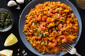Fried rice with shrimps and emon overhead