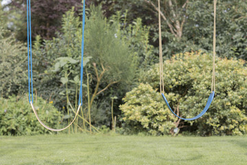 Two swings above a lawn.