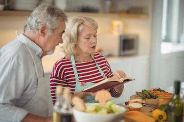 Senior couple reading recipe book while preparing meal