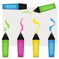 Multicolored highlighters vector illustration. Set of colorful marker pens on white squared paper sheet background.