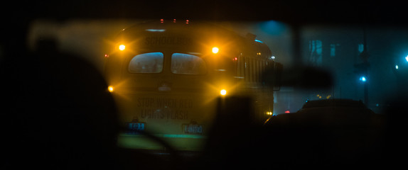 alter Schulbus im Nebel