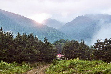 Fototapeta na wymiar House in armenian mountains in early morning