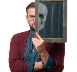 Half face portrait. Halloween concept. Man skull