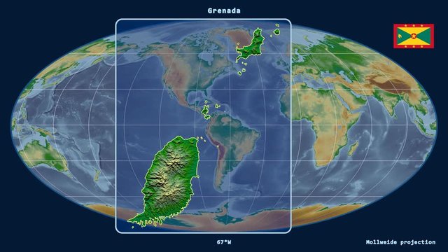 Grenada - 3D tube zoom (Mollweide projection). Bumps shaded