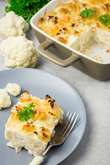 Vegan cauliflower bake. Selective focus, close up. 