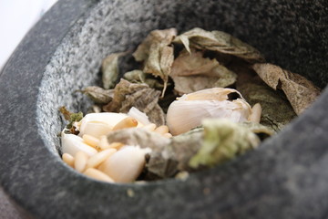 different ingrediences in a mortar