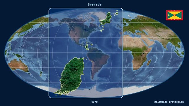 Grenada - 3D tube zoom (Mollweide projection). Satellite