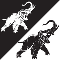 Vector flat black and white illustration of asian elephant
