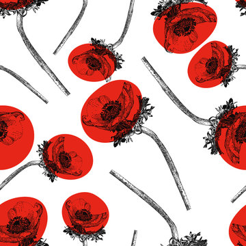 Seamless pattern with red Anemone flower isolated on white background. Graphic drawing, pointillism technique. Botanical natural collection. Floral illustration drawn by hand