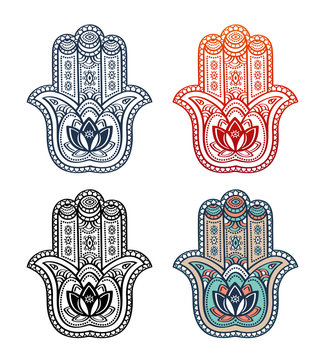 Hamsa hand with ethnic ornament and tribal style symbol with indian lotus