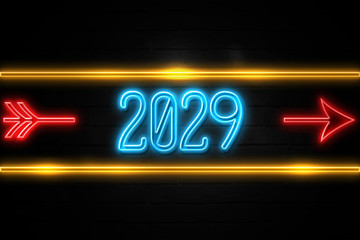 2029  - fluorescent Neon Sign on brickwall Front view - obrazy, fototapety, plakaty