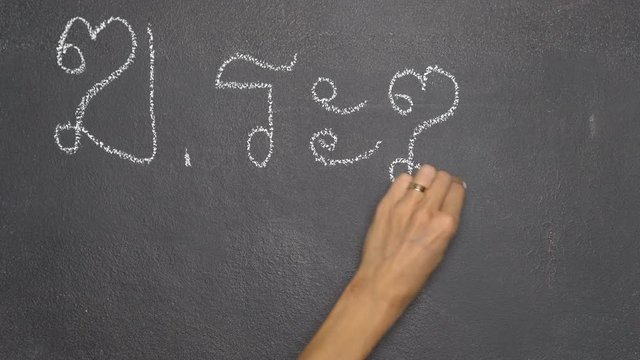 Woman's hand writing Thai letter "ฆ" with white chalk on blackboard