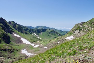Summer mountain landscape with green grass and snow isle