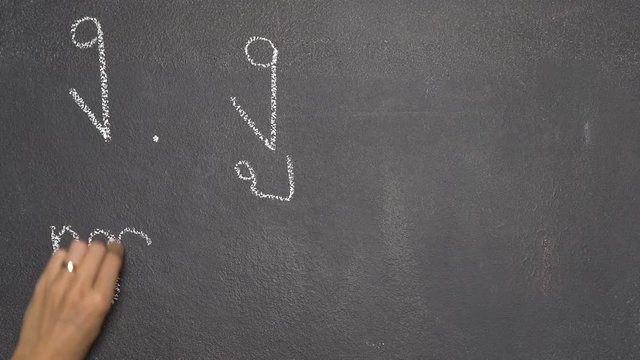 Woman's hand writing Thai letter "ง" with white chalk on blackboard