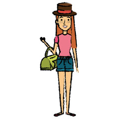 beautiful woman with bag and hat avatar character vector illustration design