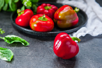 Close up red sweet bell pepper with water drops and metal tray with a few more pepper, basil on the dark textured background. Selective focus. Space for text