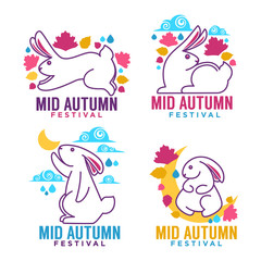 mid autumn festival, labels, emblems and logo with images of moon rabbits