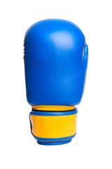one blue boxing mitts on a white background