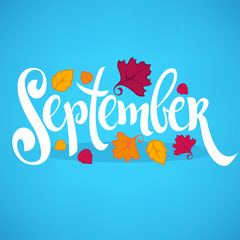 Hello September, bright fall leaves and lettering composition flyer or banner template