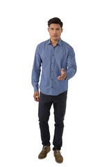 Full length portrait of businessman extending arm for handshake