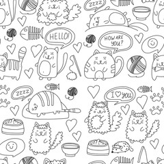 Cute doodle cats, kitty Domestic cats Vector sets with cute kittens for pet shop, cattery, veterinary clinic Seamless pattern for banner, poster, textile Children kids drawing for kindergarten