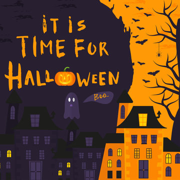 Happy halloween poster design with traditional symbols and hand drawn lettering