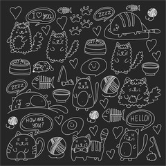 Cute doodle cats, kitty Domestic cats Vector sets with cute kittens for pet shop, cattery, veterinary clinic Doodle pattern for banner, poster, textile Children kids drawing for kindergarten